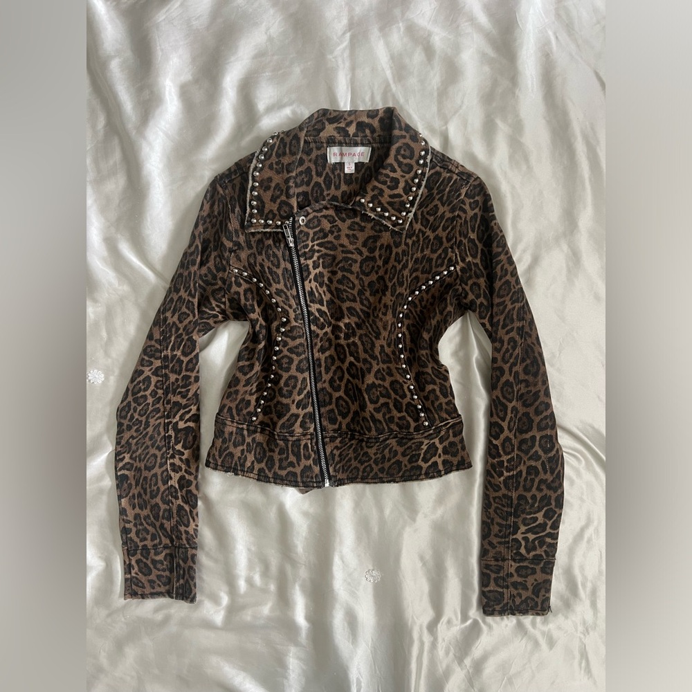 Vintage Y2K Rampage Leopard Print Studded Jean Jacket